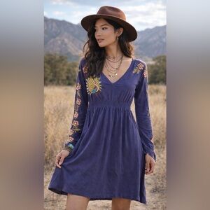 Johnny Was Blue Embroidered Empire Waist Dress Floral Boho Gypsy Festival XS